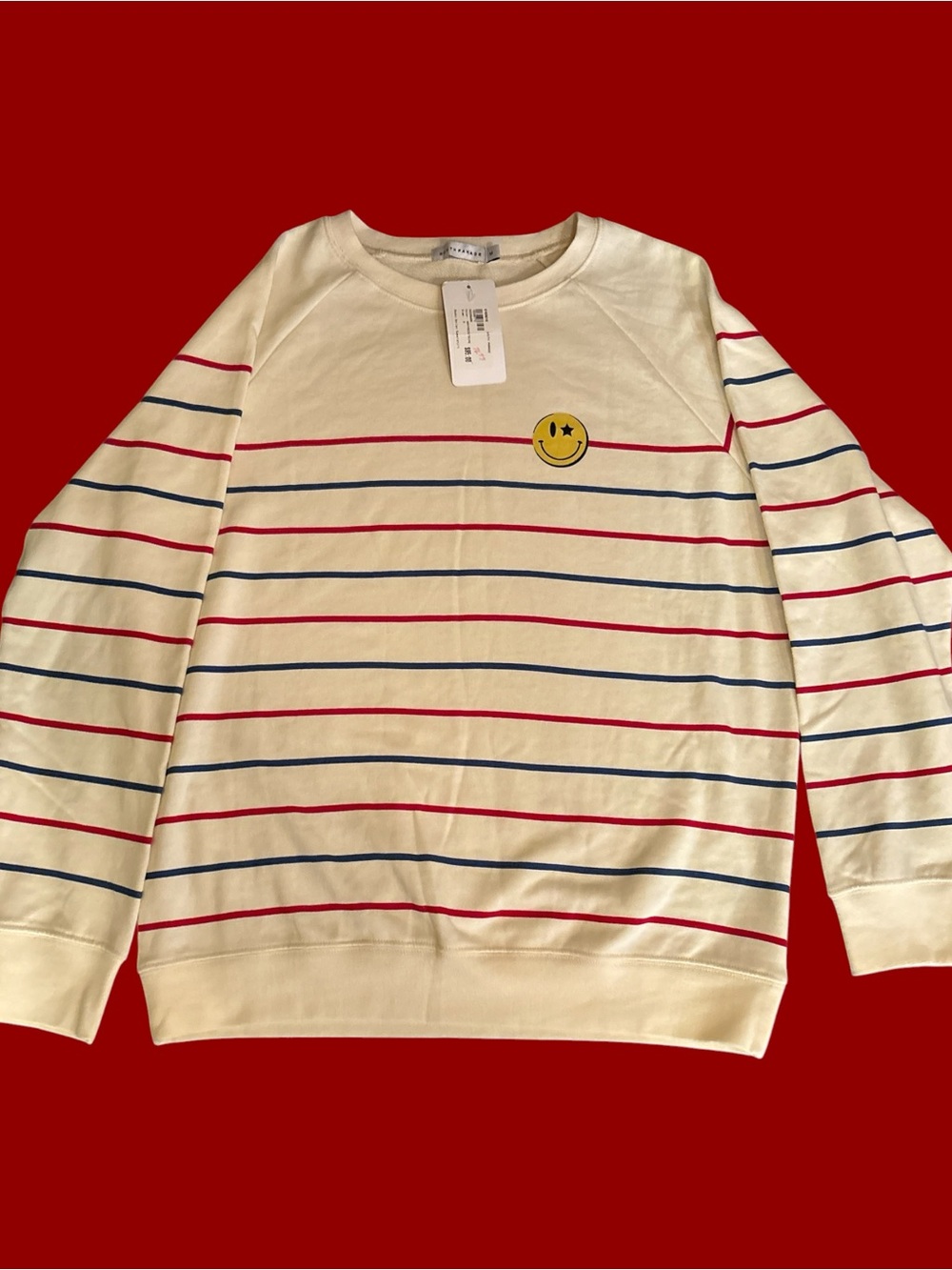 Smiley Patch Stripe Crewneck Sweater - Cream with Red & Blue Stripes